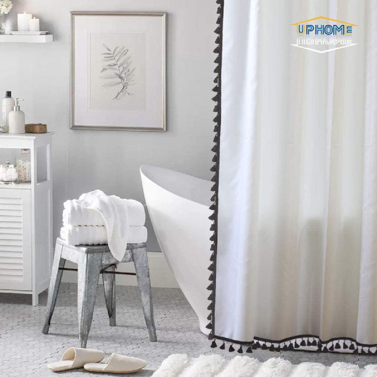 GoodDogHousehold White Fabric Shower Curtain With Black Fringe Trims